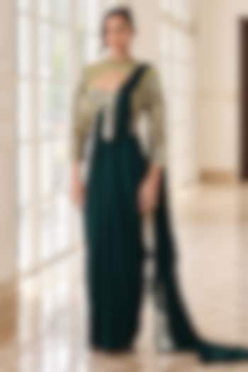 Emerald Green Georgette & Net Draped Wedding Saree Set by RINESSA at Pernia's Pop Up Shop