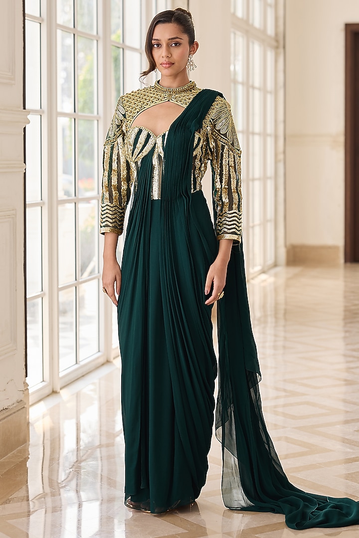 Emerald Green Georgette & Net Draped Wedding Saree Set by RINESSA at Pernia's Pop Up Shop