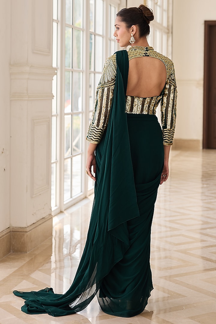Emerald Green Georgette & Net Draped Wedding Saree Set by RINESSA at Pernia's Pop Up Shop