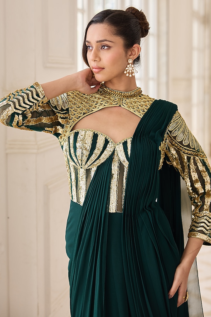 Emerald Green Georgette & Net Draped Wedding Saree Set by RINESSA at Pernia's Pop Up Shop