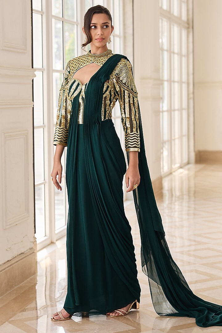 Emerald Green Georgette & Net Draped Wedding Saree Set by RINESSA at Pernia's Pop Up Shop