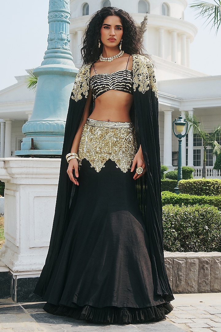 Black Dupion Raw Silk & Net Hand Embellished Jacket Wedding Lehenga Set by RINESSA at Pernia's Pop Up Shop