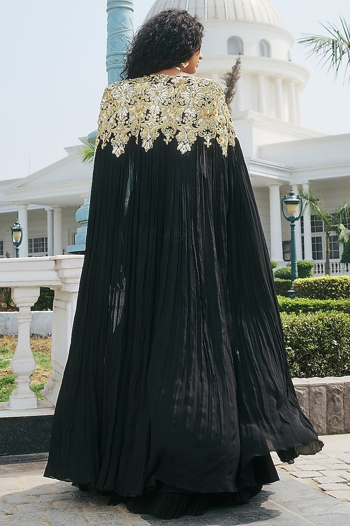 Black Dupion Raw Silk & Net Hand Embellished Jacket Wedding Lehenga Set by RINESSA at Pernia's Pop Up Shop