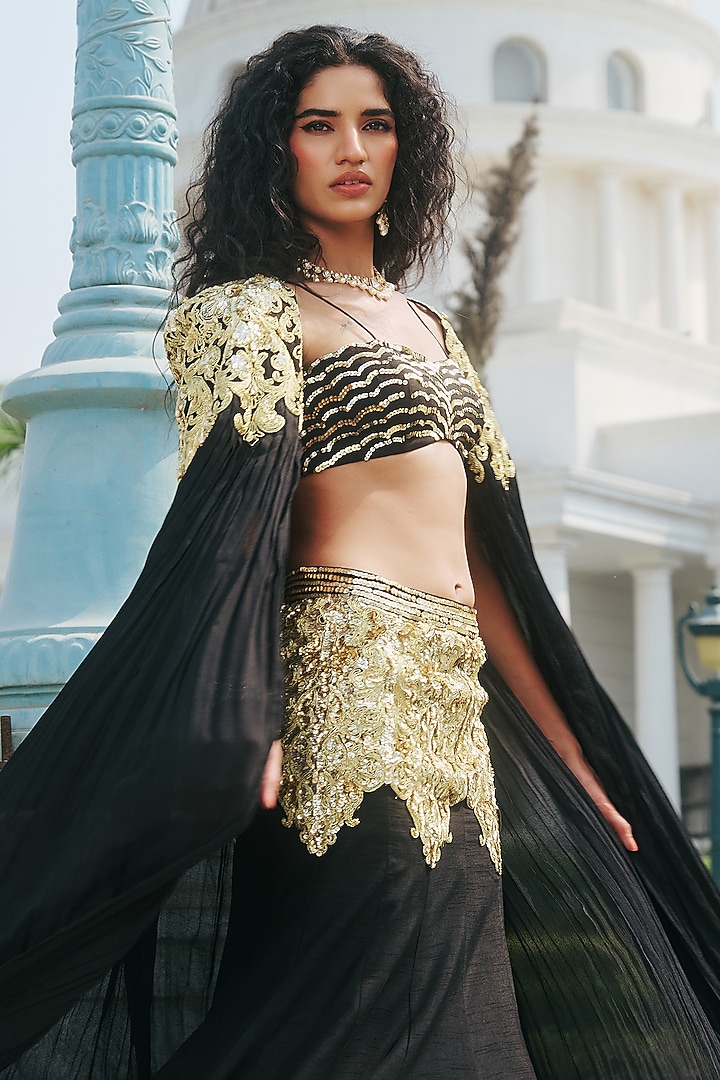 Black Dupion Raw Silk & Net Hand Embellished Jacket Wedding Lehenga Set by RINESSA at Pernia's Pop Up Shop