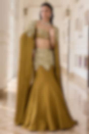 Olive Dupion Raw Silk & Net Hand Embellished Jacket Wedding Lehenga Set by RINESSA at Pernia's Pop Up Shop