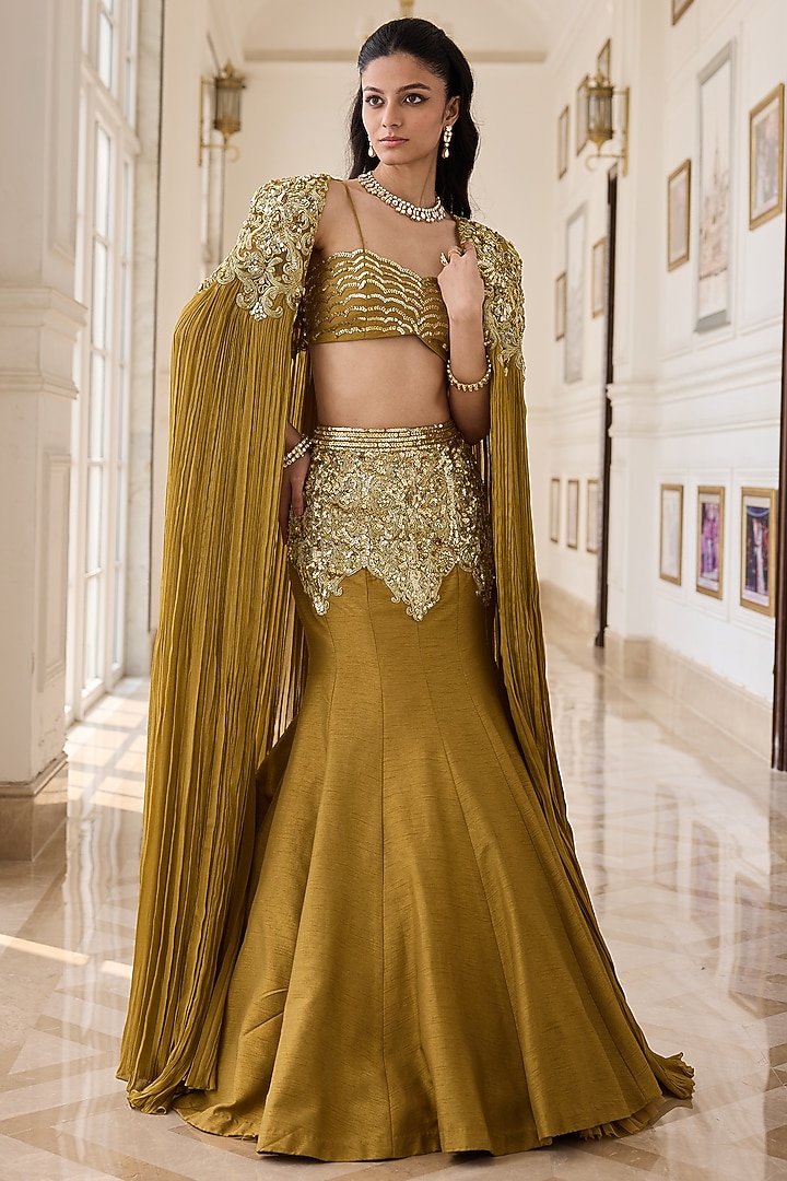 Olive Dupion Raw Silk & Net Hand Embellished Jacket Wedding Lehenga Set by RINESSA at Pernia's Pop Up Shop