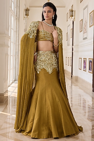 Olive Dupion Raw Silk & Net Hand Embellished Jacket Lehenga Set by RINESSA