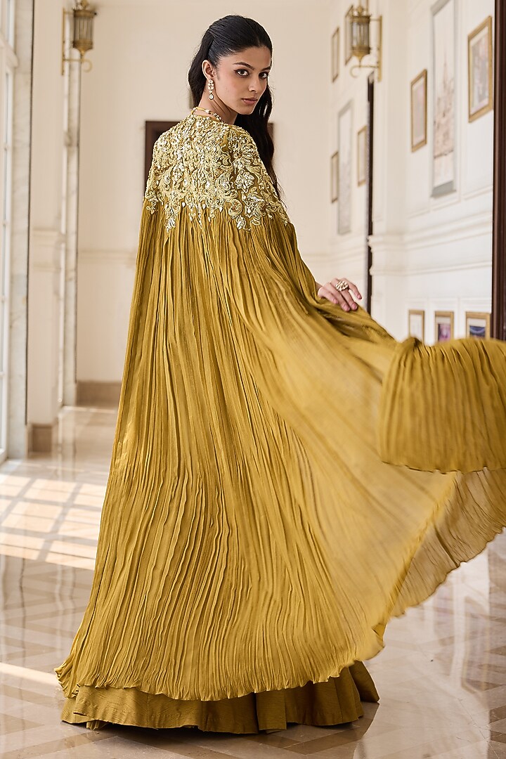 Olive Dupion Raw Silk & Net Hand Embellished Jacket Wedding Lehenga Set by RINESSA at Pernia's Pop Up Shop