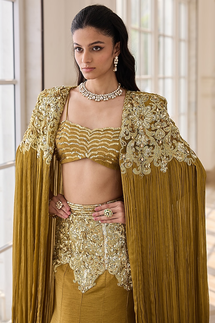 Olive Dupion Raw Silk & Net Hand Embellished Jacket Wedding Lehenga Set by RINESSA at Pernia's Pop Up Shop