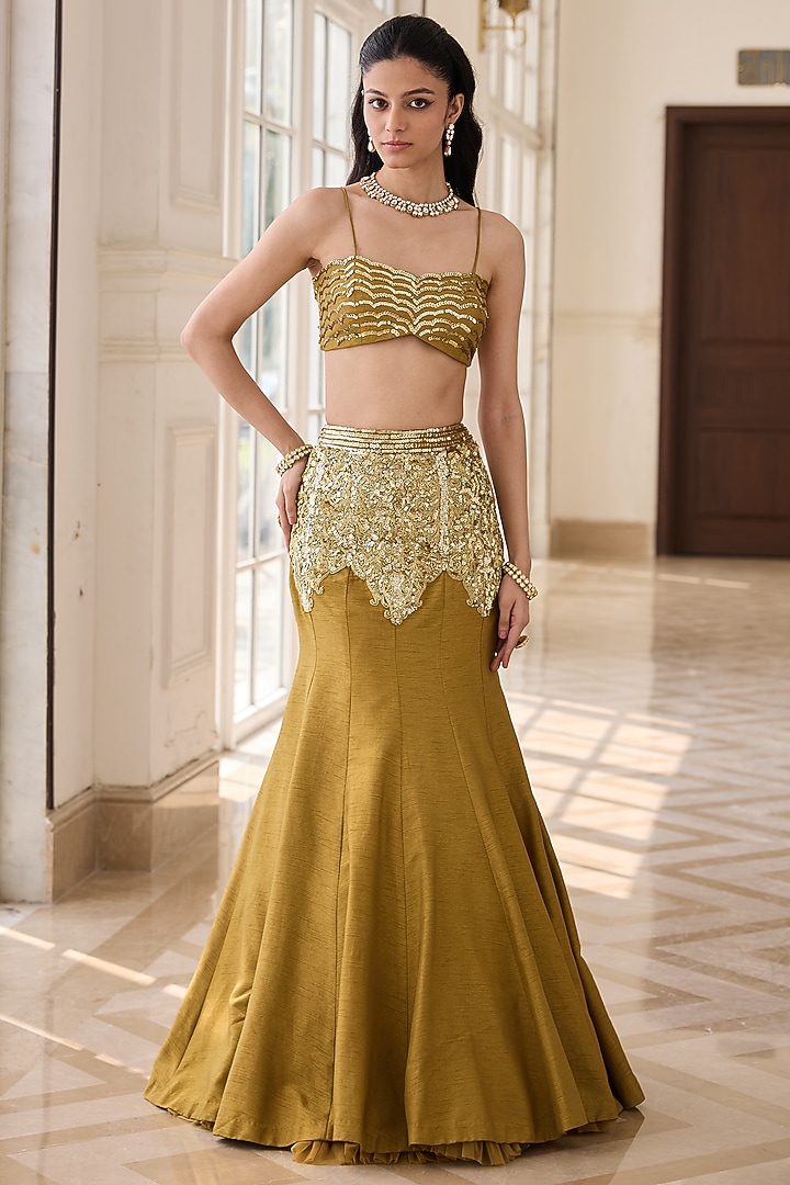 Olive Dupion Raw Silk & Net Hand Embellished Jacket Wedding Lehenga Set by RINESSA at Pernia's Pop Up Shop