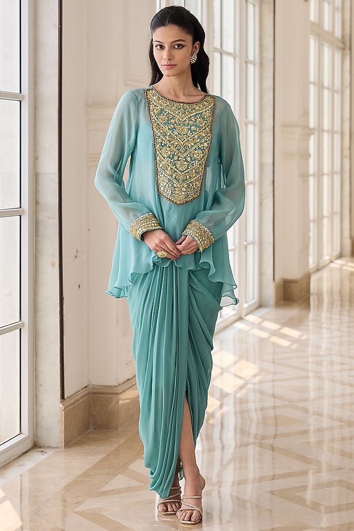 Aqua Blue Georgette & Net Dhoti Skirt Set by RINESSA at Pernia's Pop Up Shop