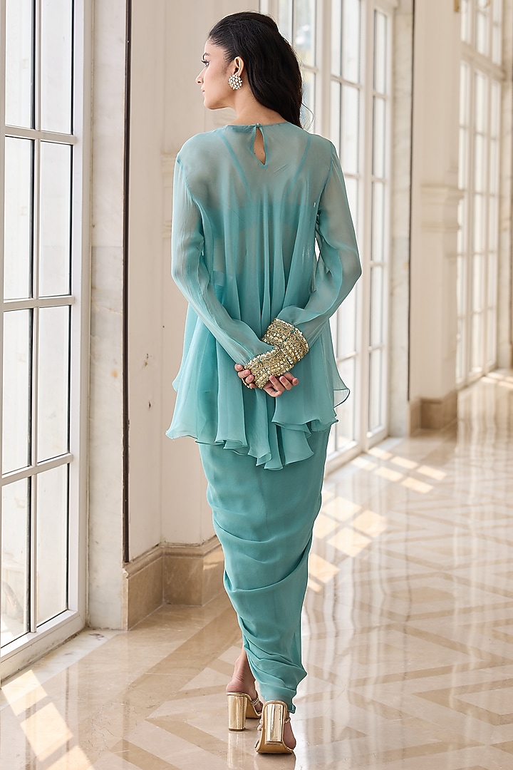 Aqua Blue Georgette & Net Dhoti Skirt Set by RINESSA at Pernia's Pop Up Shop