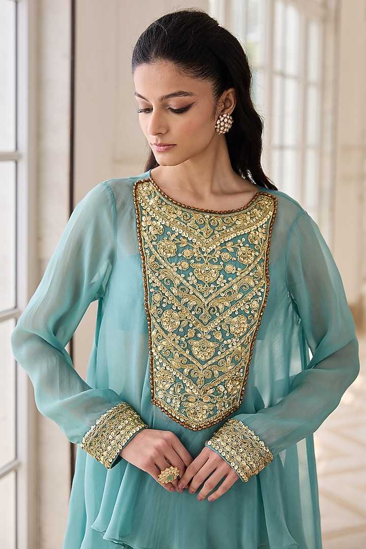 Aqua Blue Georgette & Net Dhoti Skirt Set by RINESSA at Pernia's Pop Up Shop