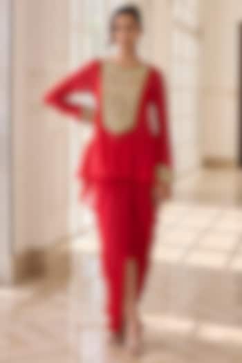 Royal Red Georgette & Net Dhoti Skirt Set by RINESSA at Pernia's Pop Up Shop