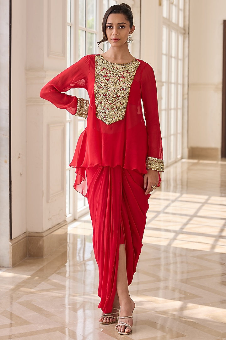 Royal Red Georgette & Net Dhoti Skirt Set by RINESSA at Pernia's Pop Up Shop