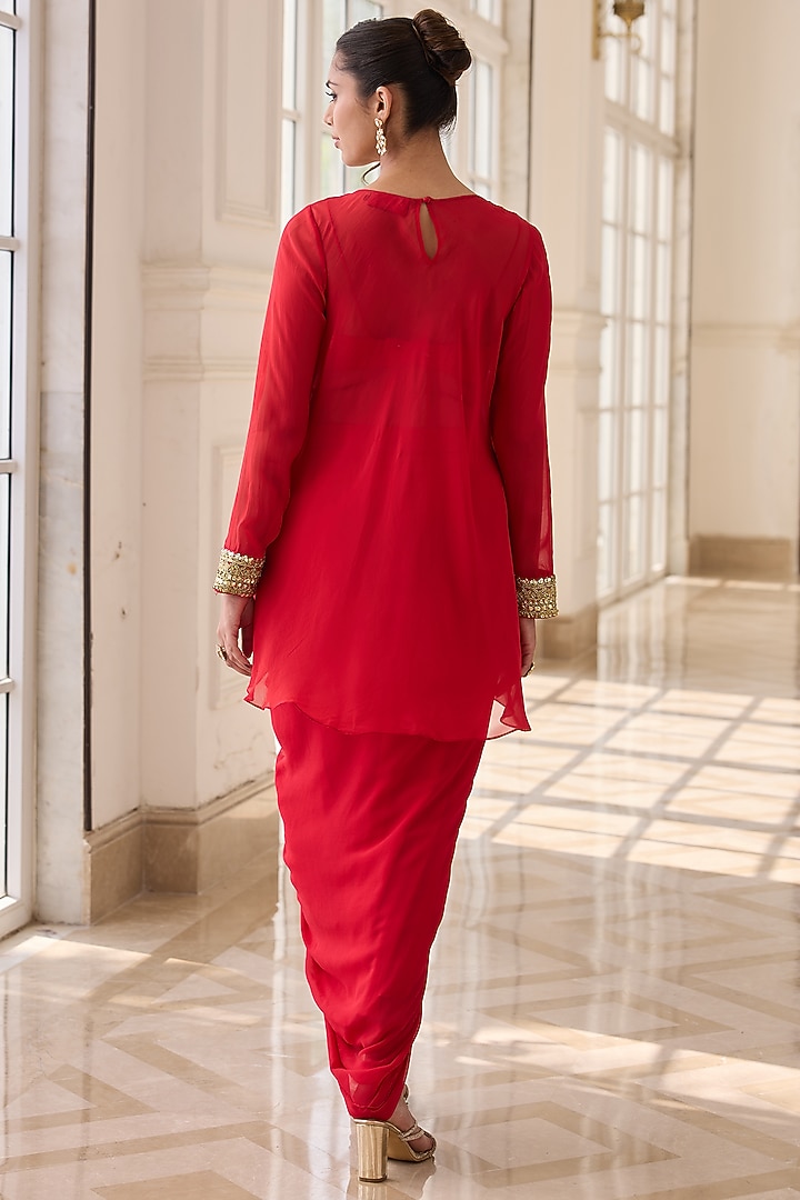 Royal Red Georgette & Net Dhoti Skirt Set by RINESSA at Pernia's Pop Up Shop