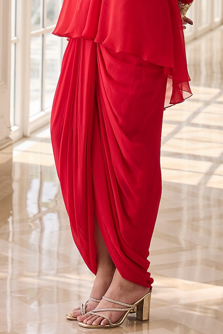 Royal Red Georgette & Net Dhoti Skirt Set by RINESSA at Pernia's Pop Up Shop