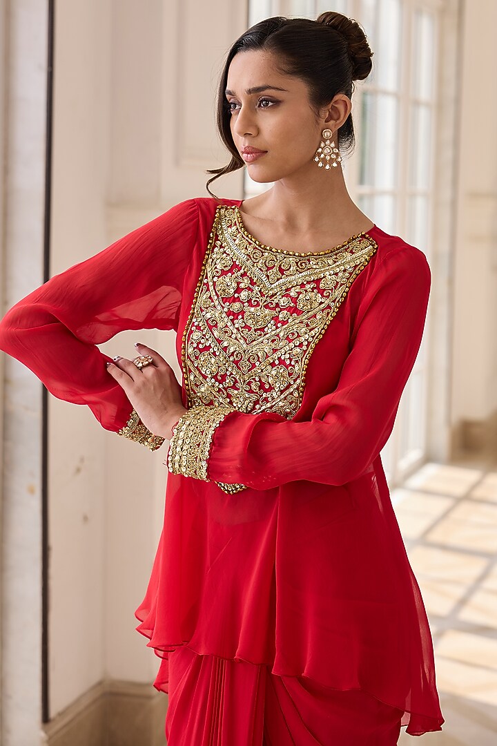 Royal Red Georgette & Net Dhoti Skirt Set by RINESSA at Pernia's Pop Up Shop