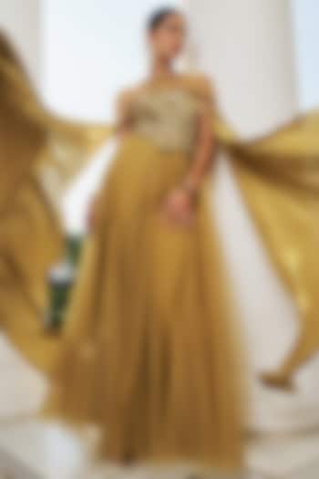 Olive Crepe & Net Hand Embroidered Wedding Anarkali Set by RINESSA at Pernia's Pop Up Shop