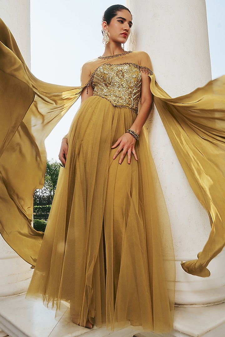 Olive Crepe & Net Hand Embroidered Wedding Anarkali Set by RINESSA at Pernia's Pop Up Shop