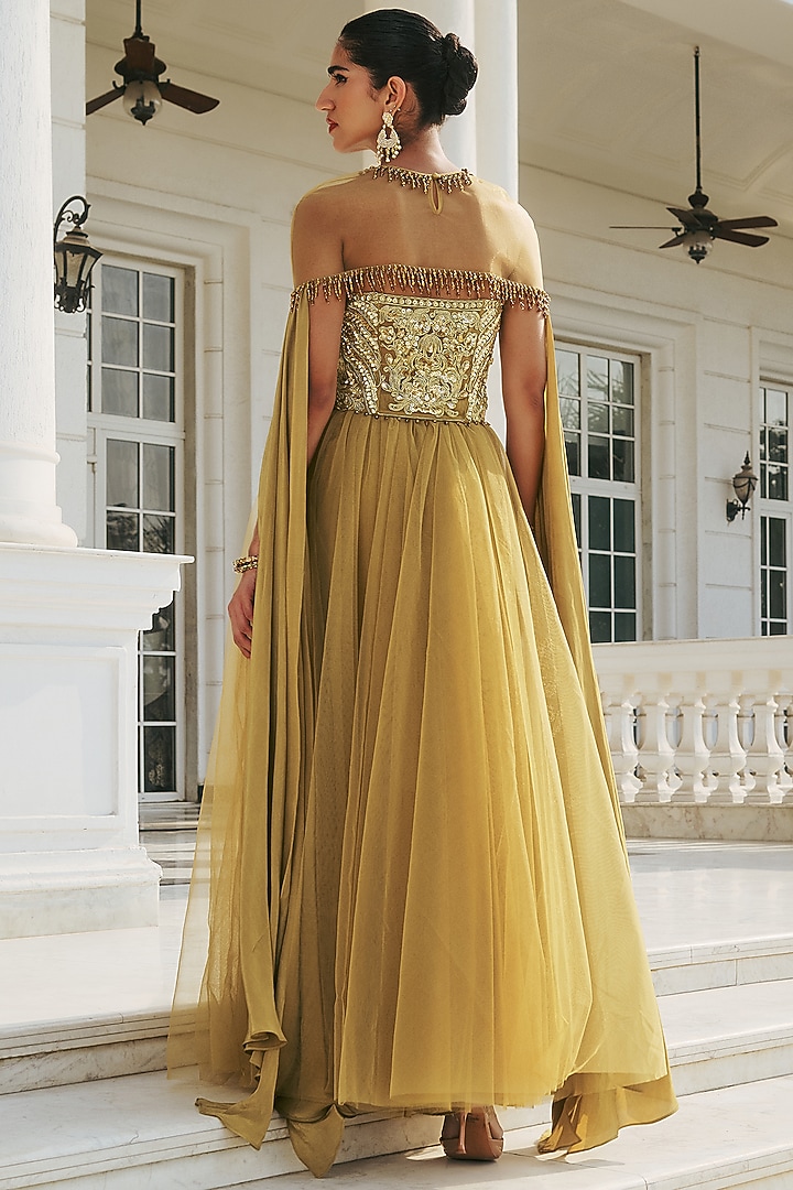 Olive Crepe & Net Hand Embroidered Wedding Anarkali Set by RINESSA at Pernia's Pop Up Shop