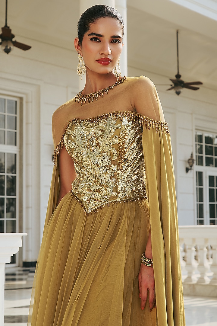 Olive Crepe & Net Hand Embroidered Wedding Anarkali Set by RINESSA at Pernia's Pop Up Shop