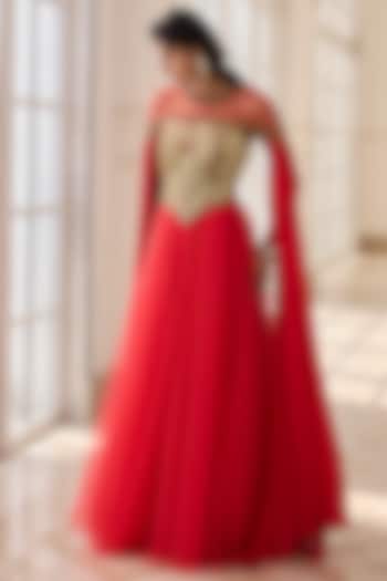 Royal Red Crepe & Net Hand Embroidered Wedding Anarkali Set by RINESSA at Pernia's Pop Up Shop