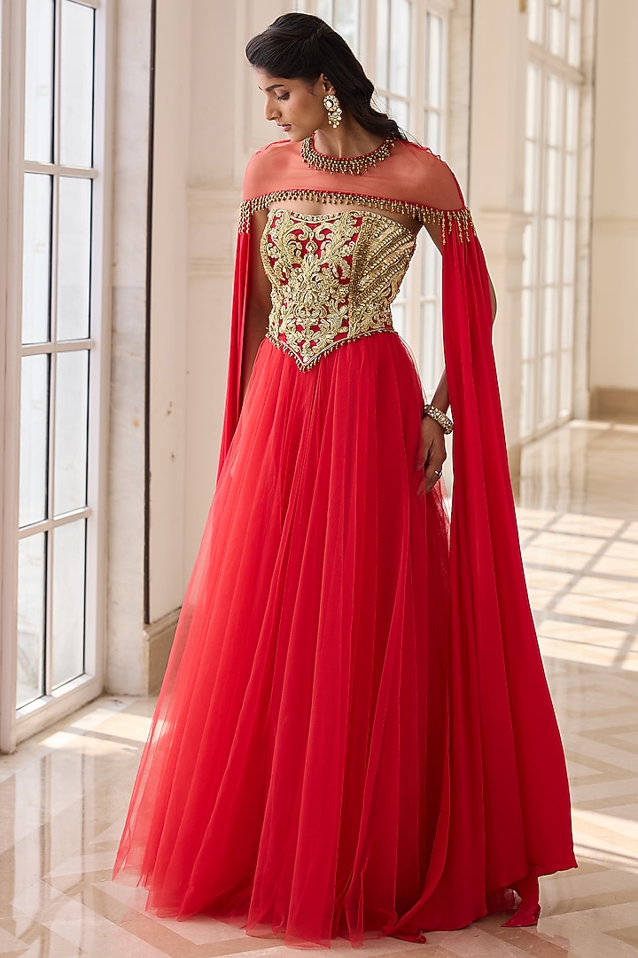 Royal Red Crepe & Net Hand Embroidered Wedding Anarkali Set by RINESSA at Pernia's Pop Up Shop