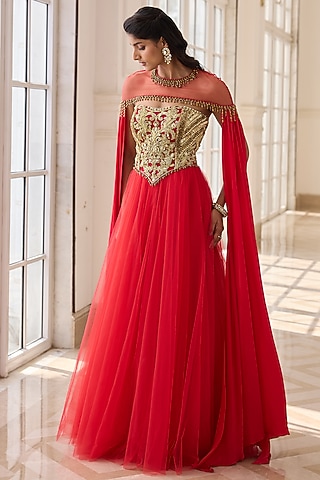 Royal Red Crepe & Net Hand Embroidered Anarkali Set by RINESSA