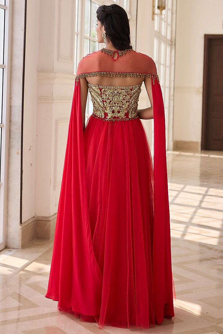 Royal Red Crepe & Net Hand Embroidered Wedding Anarkali Set by RINESSA at Pernia's Pop Up Shop