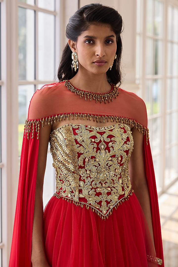 Royal Red Crepe & Net Hand Embroidered Wedding Anarkali Set by RINESSA at Pernia's Pop Up Shop