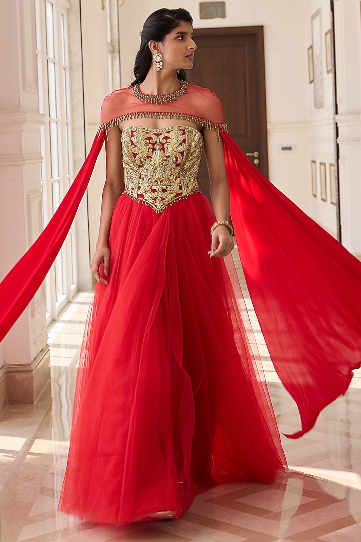 Royal Red Crepe & Net Hand Embroidered Wedding Anarkali Set by RINESSA at Pernia's Pop Up Shop