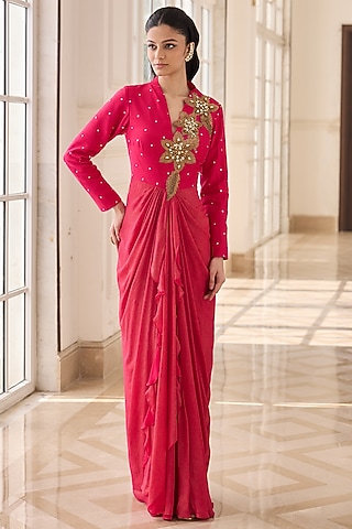 Fuchsia Pink Dupion Silk & Net Hand Embellished Draped Dress by RINESSA