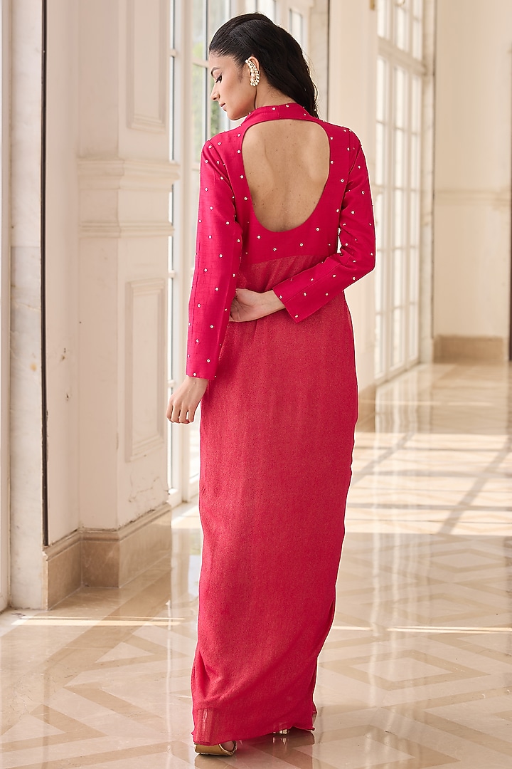 Fuchsia Pink Dupion Silk & Net Hand Embellished Draped Vacation Dress by RINESSA at Pernia's Pop Up Shop