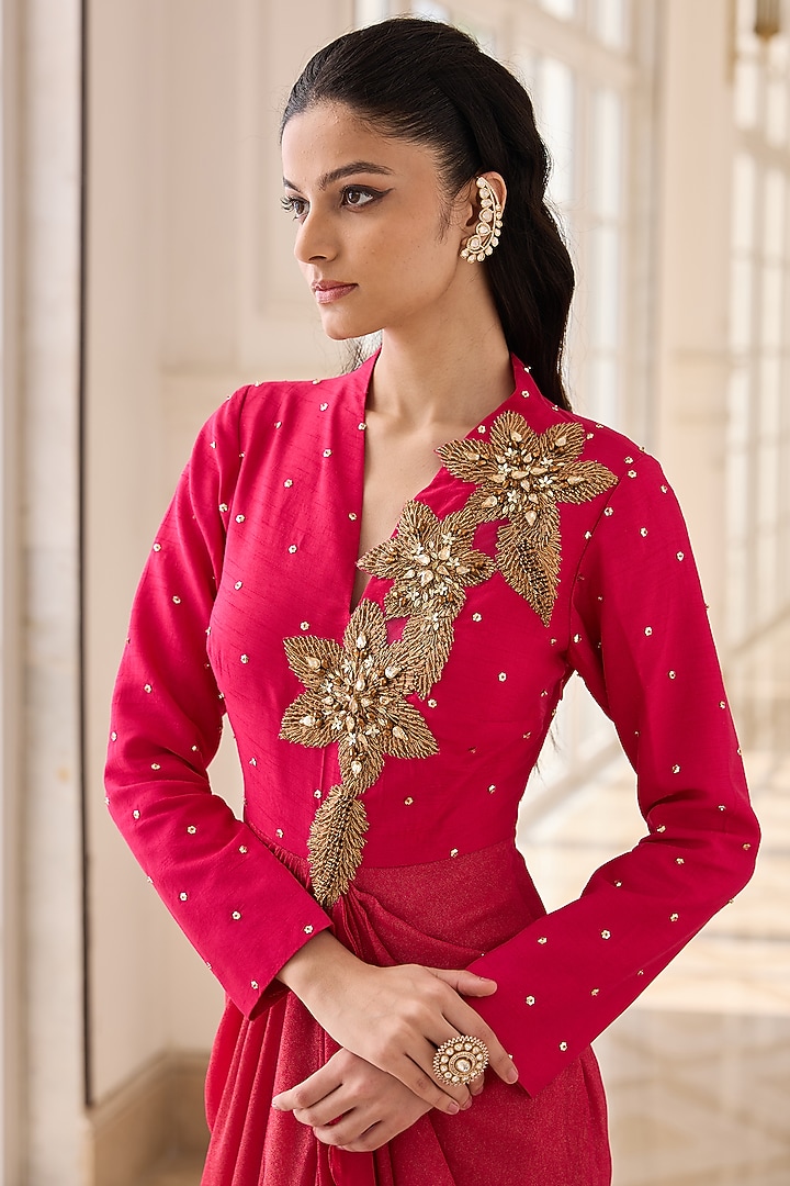 Fuchsia Pink Dupion Silk & Net Hand Embellished Draped Vacation Dress by RINESSA at Pernia's Pop Up Shop