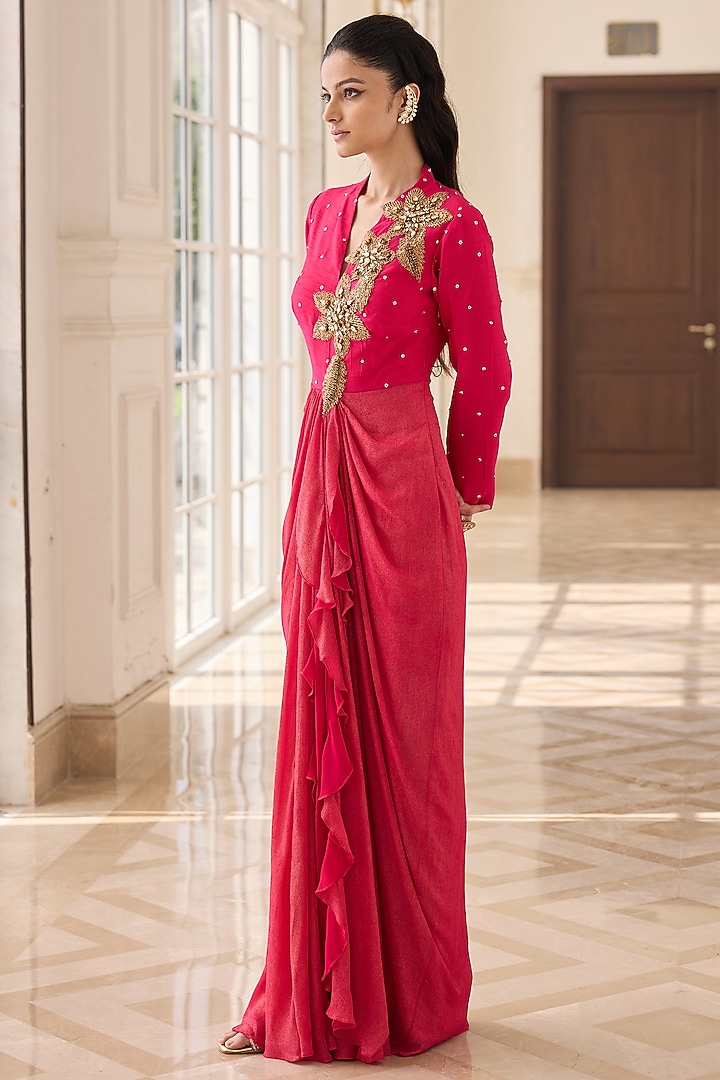 Fuchsia Pink Dupion Silk & Net Hand Embellished Draped Vacation Dress by RINESSA at Pernia's Pop Up Shop