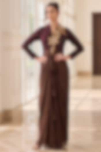 Brown Dupion Silk & Net Hand Embellished Draped Vacation Dress by RINESSA at Pernia's Pop Up Shop