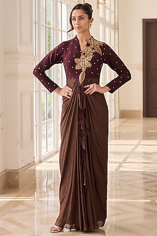 Brown Dupion Silk & Net Hand Embellished Draped Dress by RINESSA
