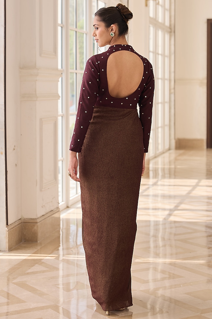 Brown Dupion Silk & Net Hand Embellished Draped Vacation Dress by RINESSA at Pernia's Pop Up Shop