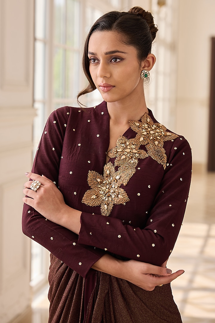 Brown Dupion Silk & Net Hand Embellished Draped Vacation Dress by RINESSA at Pernia's Pop Up Shop