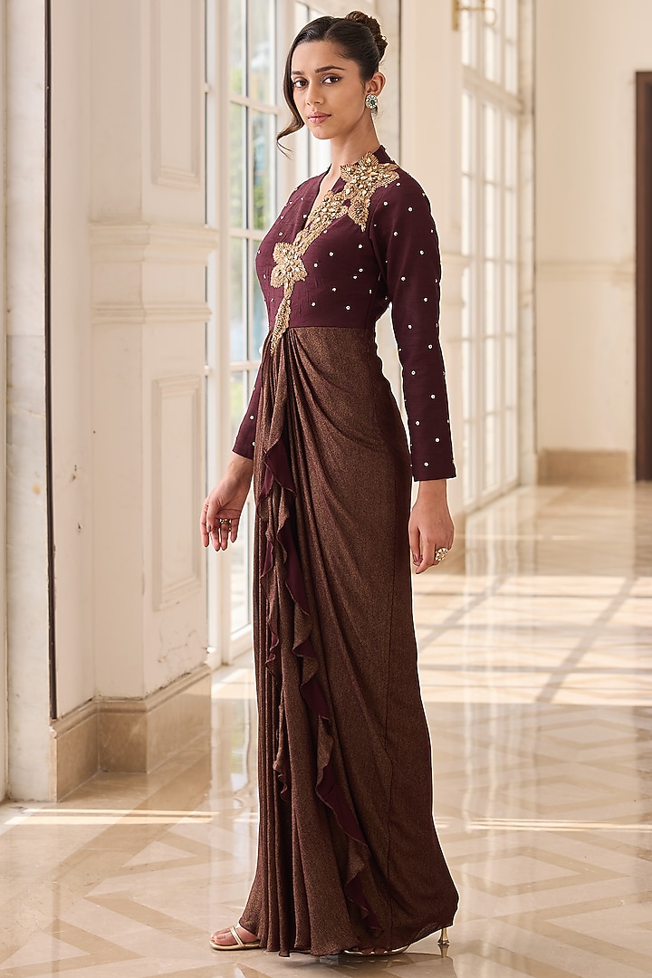 Brown Dupion Silk & Net Hand Embellished Draped Vacation Dress by RINESSA at Pernia's Pop Up Shop
