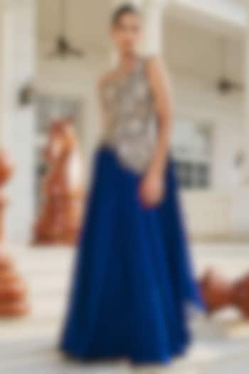 Deep Blue Glass Organza & Net Hand Embellished Cocktail Dress by RINESSA at Pernia's Pop Up Shop