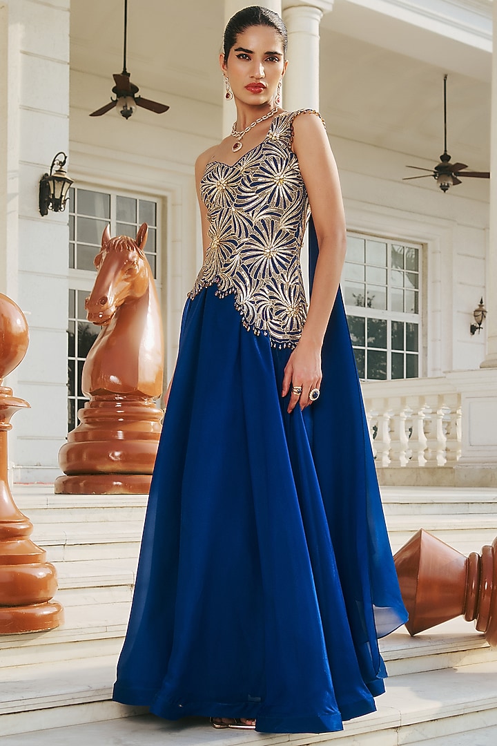 Deep Blue Glass Organza & Net Hand Embellished Cocktail Dress by RINESSA at Pernia's Pop Up Shop