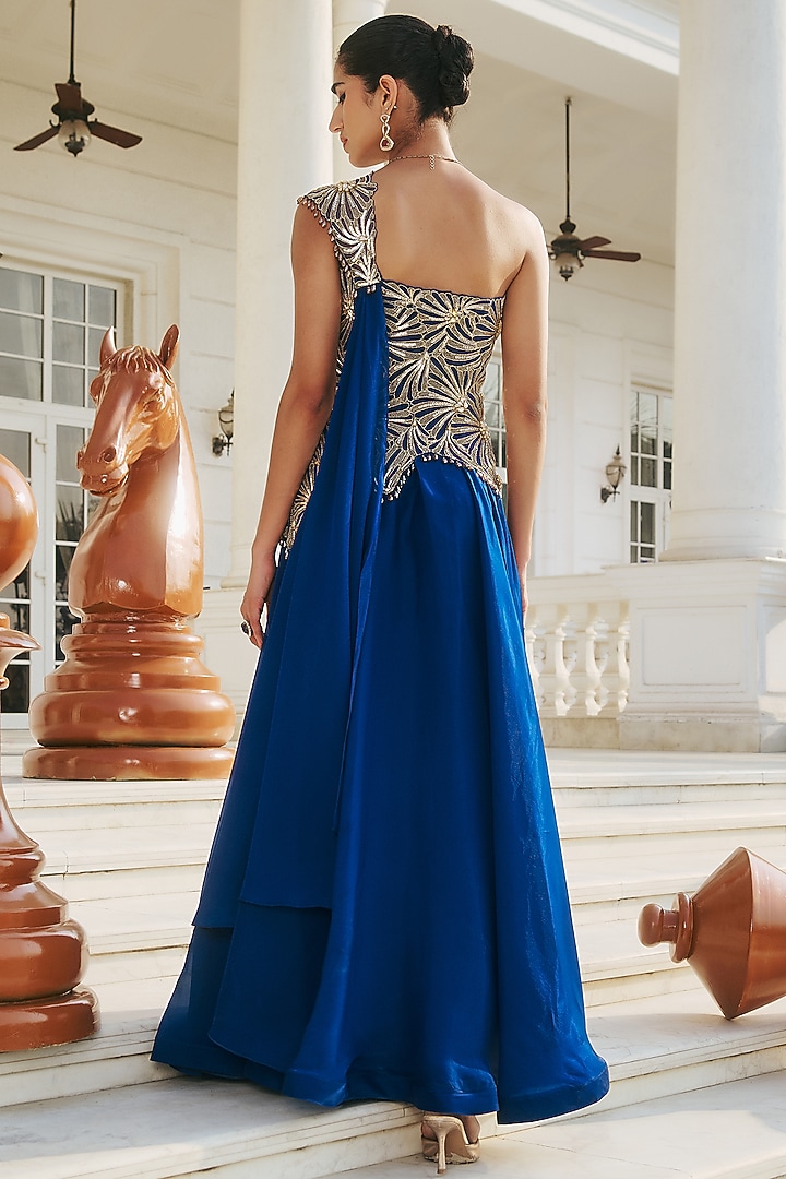 Deep Blue Glass Organza & Net Hand Embellished Cocktail Dress by RINESSA at Pernia's Pop Up Shop