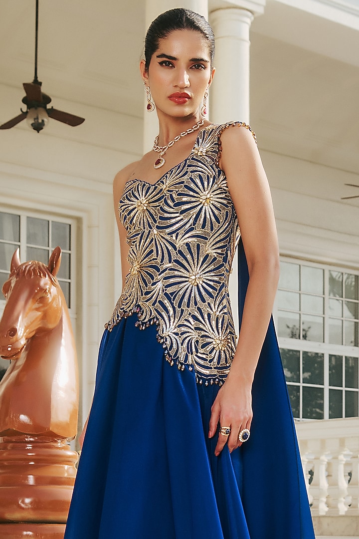 Deep Blue Glass Organza & Net Hand Embellished Cocktail Dress by RINESSA at Pernia's Pop Up Shop