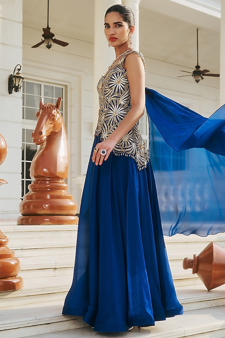 Deep Blue Glass Organza & Net Hand Embellished Cocktail Dress by RINESSA at Pernia's Pop Up Shop