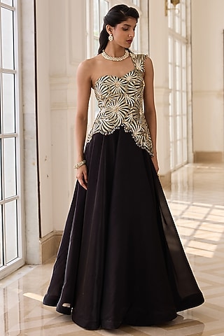Black Glass Organza & Net Hand Embellished Dress by RINESSA