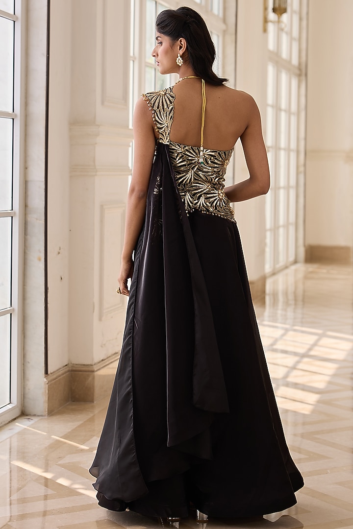 Black Glass Organza & Net Hand Embellished Cocktail Dress by RINESSA at Pernia's Pop Up Shop