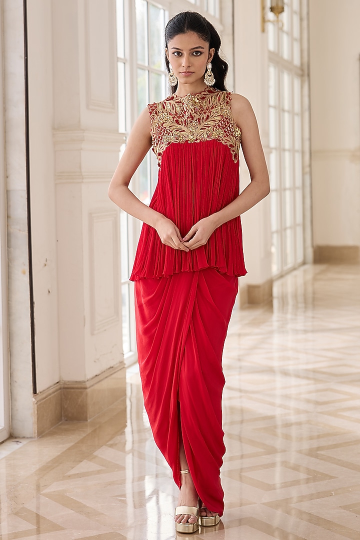 Royal Red Crepe & Chinon Draped Dhoti Skirt Set by RINESSA at Pernia's Pop Up Shop