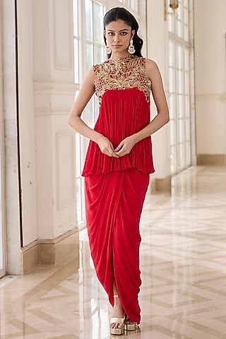 Royal Red Crepe & Chinon Draped Dhoti Skirt Set by RINESSA